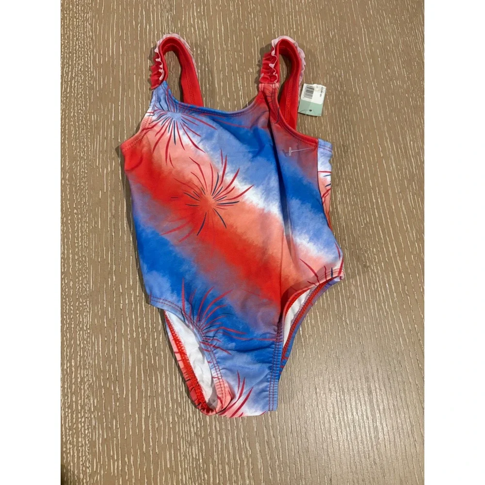Wanderling Baby Girls 18M One Piece Swimsuit Red White Blue Fireworks NWT